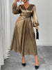 Plus Size Surplice Neck Long Sleeve Elegant Party A-Line Dress Autumn Women's High Waist Slim Maxi Long Dresses