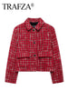 Women Vintage Red Plaid Tweed Coat Slim Turn Down Collar Long Sleeve Jacket Autumn Lady High Street Outwear