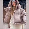 Chic Women Print Hooded Padded Jacket Oversized Zip Up Long Sleeve Warm Winter Coat Casual Daily Ladies Quilted Cotton Outerwear