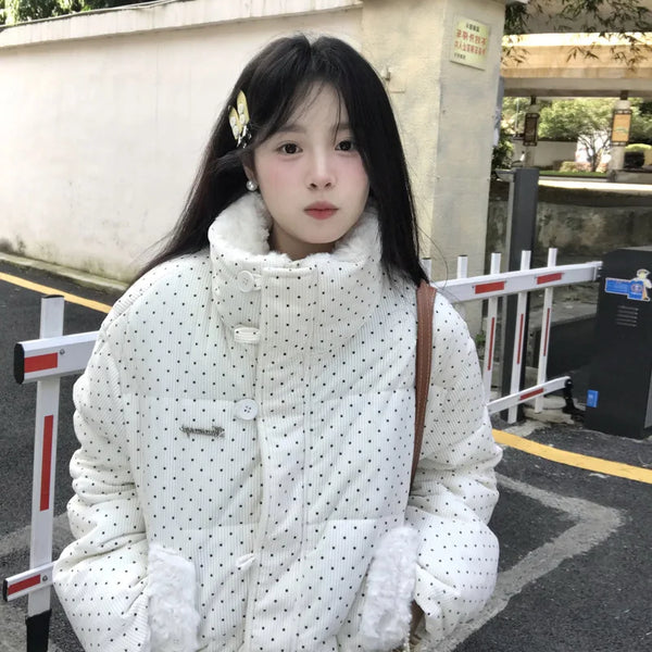 Women's Kawaii Polka Dot Down Cotton Jacket Korean Button Patchwork Corduroy Short Parkas Y2K Stand Collar Puffer Warm Jacket