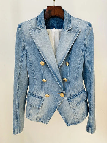 High Street Designer Jacket Women's Slim Fitting Double Breasted Lion Buttons Denim Blazer