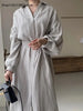 Women's Spring and Autumn Bubble Sleeve Casual Loose Straight Vintage Button Decorative Shirt Long Dress