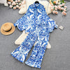 Europe and America Style Women's Spring Vintage Plaid Ruffled Shirt Long Pants Sets