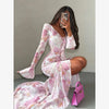V-neck Organza Floral Chiffon Puff Sleeve Slit Long Dress Bodycon High Slit Bodycon Sexy Dresses Lady Chic Daily Sweet Date Robe
