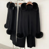 Sweater Real Fox Fur Collar Autumn Winter Clothing Women Sweater Suit Female Raccoon Fur Pullovers Trousers Set Lady