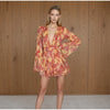 Sexy Floral Printed Mini Dress Women V-neck Flared Sleeve Waist Cinching Ruffle Bodycon Vestido Lady Party Vacation Gowns