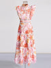 Colorblock Hollow Out Elegant Dress For Women Stand Collar Flying Sleeve High Waist Temperament Dress Female