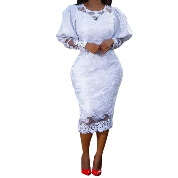 Elegant Women White Lace Dress Puff Sleeve Embroidery Pencil Dress Large Size 4XL Ladies Wedding Birthday Dinner Evening Clothes