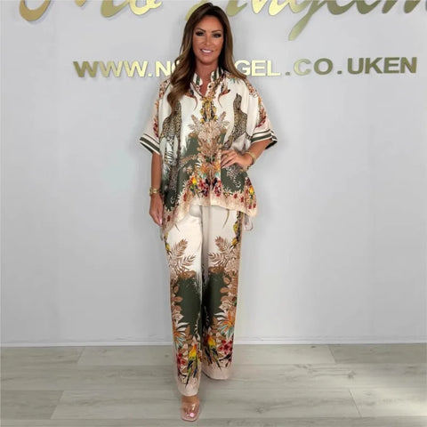 Satin Printed Women's Set Autumn Casual Stand Up Collar With Shoulder Sleeves Loose Shirt Oversized Wide Leg Pants Set