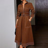 Krisstargirls Autumn Button Down Lapel Brown Shirt Maxi Dress Woman Spring Pockets Women A-line Long Dresses Belt