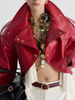 Edgy Faux Leather Cropped Jacket for Women Lapel Snap Button Irregular Pleated Ruffle Hem Long Sleeve Biker Coat