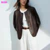 Women's Autumn Clothing European Sheepskin Casual O-Neck Single-Breasted Coffee Litchi Stria Genuine Leather Jacket