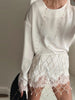 Women's Satin Short Dress Patchwork Lace Trim Crew Neck Long Sleeve Loose Dresses Spring Lady Casual Daily Chic Streetwear