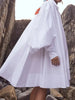Women's White Stand Collar Pleated Mini Dresses Long Puff Sleeves Buttoned Oversized Casual Cotton Shirts Dress