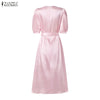Women Silky Satin Party Midi Dress Elegant V-Neck Short Puff Sleeve Belted A-Line Dress Graceful Cocktail Vestidos Mujer
