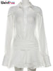 Tierred Dress Woman Autumn See-Through Solid Turn-Down Collar Shirt Ruffles Chic Long-Sleeve Chiffon Bodycon