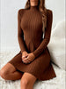 Women's Slim Fit Half High Collar Waist Cinched A-Line Skirt Long Sleeved Pit Stripe Dress