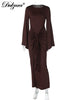 Autumn Elegant O-Neck Long Flare Sleeve Ruched Slim Fit Ribbon Long Dress Women'S Solid Casual Party Club Outfit