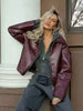 Wine Red Faux Leather Jakcet Outerwear Thicken Zipper Lapel Pu Coats Autumn Winter Streetwear Ladies Tops Women