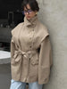 Lace Up Stand Collar Trench Coat Women Chic Lapel Single Breasted Waist Cinching Lady Autumn Commute Street Coats