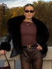 Black Fur Collar Leather Jacket Women Chic Solid Full Sleeves Waist Cinching V-neck Short Coat Lady High Street Outerwear