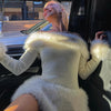 Fur Patchwork Knitted Dress Women's Grace One Shoulder Solid Slim High Waist Dress Autumn Winter Christmas Party Clothes