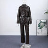 Leather Women's Pants Sets Chic Laple Single Breasted Long Sleeve Jackets Elastic Waist Straight Pants Suit Lady Outfits