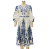 Autumn Women's V-neck Long Sleeved Bohemian Printed Dress Retro Lantern Sleeve Chinese Style Blue White Porcelain Dress