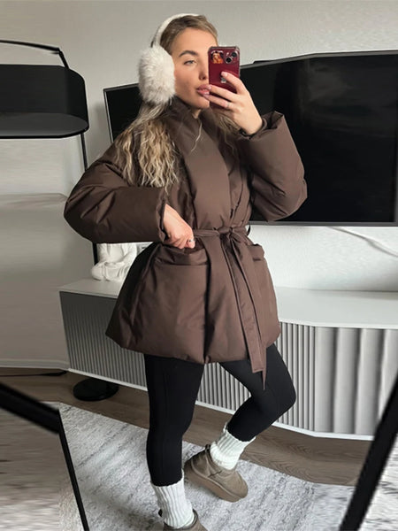 Elegant Women's Padded Jacket With Belt Winter Lace Up Waist Cinching V Neck Warm Coats Lady Casual Street Outerwear