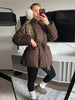 Elegant Women's Padded Jacket With Belt Winter Lace Up Waist Cinching V Neck Warm Coats Lady Casual Street Outerwear
