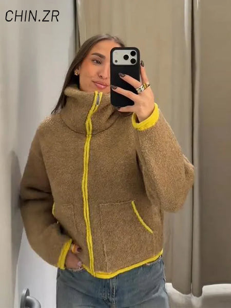 Casual Women's Knit Contrast Fleece Coats Stand Collar Zipper Pockets Full Sleeve Jackets Spring Lady Warm Outwear
