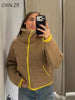 Casual Women's Knit Contrast Fleece Coats Stand Collar Zipper Pockets Full Sleeve Jackets Spring Lady Warm Outwear