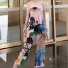 Blue Green Tie-Dye Print Women's Two-piece Set Three-quarter Sleeves A-line Top Wide Leg Pants Spring 2DB7115