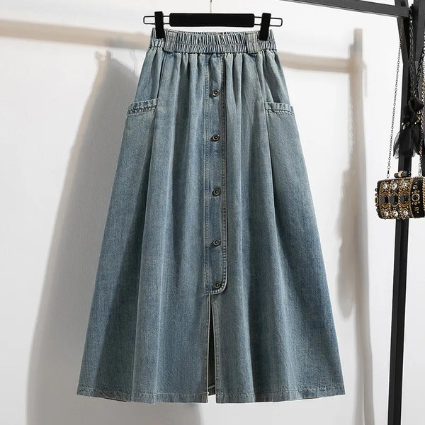 High Waist Casual Denim Skirts Women Vintage Style Single-breasted Basics Female A-line Long Skirts B3848