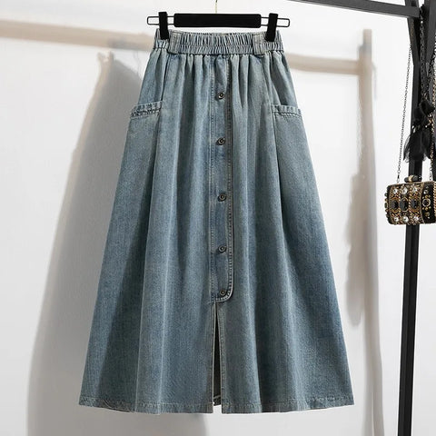 High Waist Casual Denim Skirts Women Vintage Style Single-breasted Basics Female A-line Long Skirts B3848