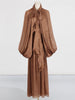Chic Prom Robe for Women Scarf Collar Lantern Sleeve High Waist Temperament Pleated Evening Dress Female Clothes