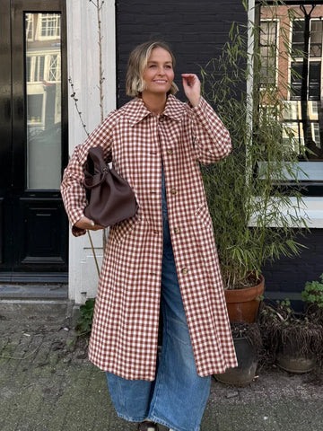 Women Red Plaid Long Trench Coat Casual Lapel Single Breasted Full Sleeve Windbreaker Jacket Y2k Autumn Lady Streetwear