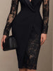 Elegant Lace Sexy Women's Slim Dress Long Sleeve Satin Notched Collar Hollow Out Office Lady Spring Casual Dress