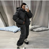 Print Hooded Puffer Coat Set Women Quilted High Neck Full Sleeve Zip Pockets Jacket Wide Leg Pants Winter Warm Sets