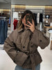 Women Short Trench Coat Jacket Plaid Lapel Double Breasted Belted Waist Loose Long Sleeve Checkered Cropped Lady Autumn Coat