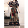 Women Bohemian Ethnic Printed Holiday Dress V-Neck Elastic Waist Casual Batswing Sleeve Mid Dress Elegant Vintage Retro Dress