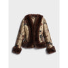 Printed Faux Fur Patchwork Jacket Women V Neck Long Sleeve Slim Cropped Coat Autumn Winter Lady Street Outwear