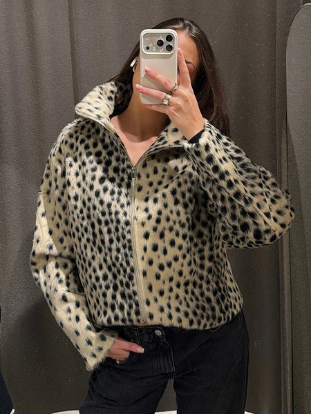 Retro Spotted Fur Short Skirts Sets Women Chic Full Sleeves Jacket Zipper Half Body Skirt Faux Fur Loose Suits Daily Wear Lady