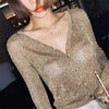 Korean Pearl Button Women Bright Silk Thin Sweater Coat Sexy V-Neck Knitwear Tops Korean Gold Silver Knitted Cardigan