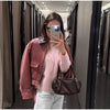 Women's Pink Corduroy Pu Leather Collar Cropped Jacket Long Sleeve Zipper Coat All-match Spring Autumn Outfit
