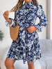 Elegant Mock Neck Belted Ruffle Hem Floral Print Dress For Spring & Fall, Women's Clothing