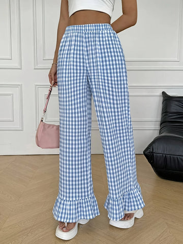 Women’s: versatile checkered, ruffled, straight-leg pants that add a touch of freshness and youthful appeal