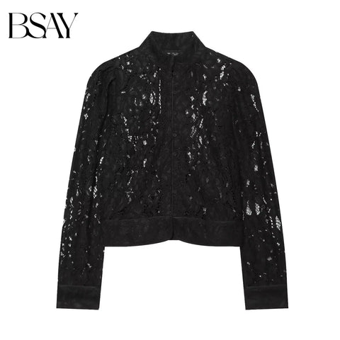 French Elegant Women Lace Cropped Blazer Stand Collar Long Sleeve Button Front Sheer Hollow Floral Lace Casual Outerwear