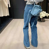 American high street breasted design straight jeans women's autumn and winter high waist design loose slim pants