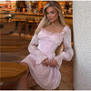 Solid Ruffle Mini Dress U Neck Long Puff Sleeve Tie Neck Tiered Hem Sweet Style Gown Soft Pastel Tones Chic Women Outfit